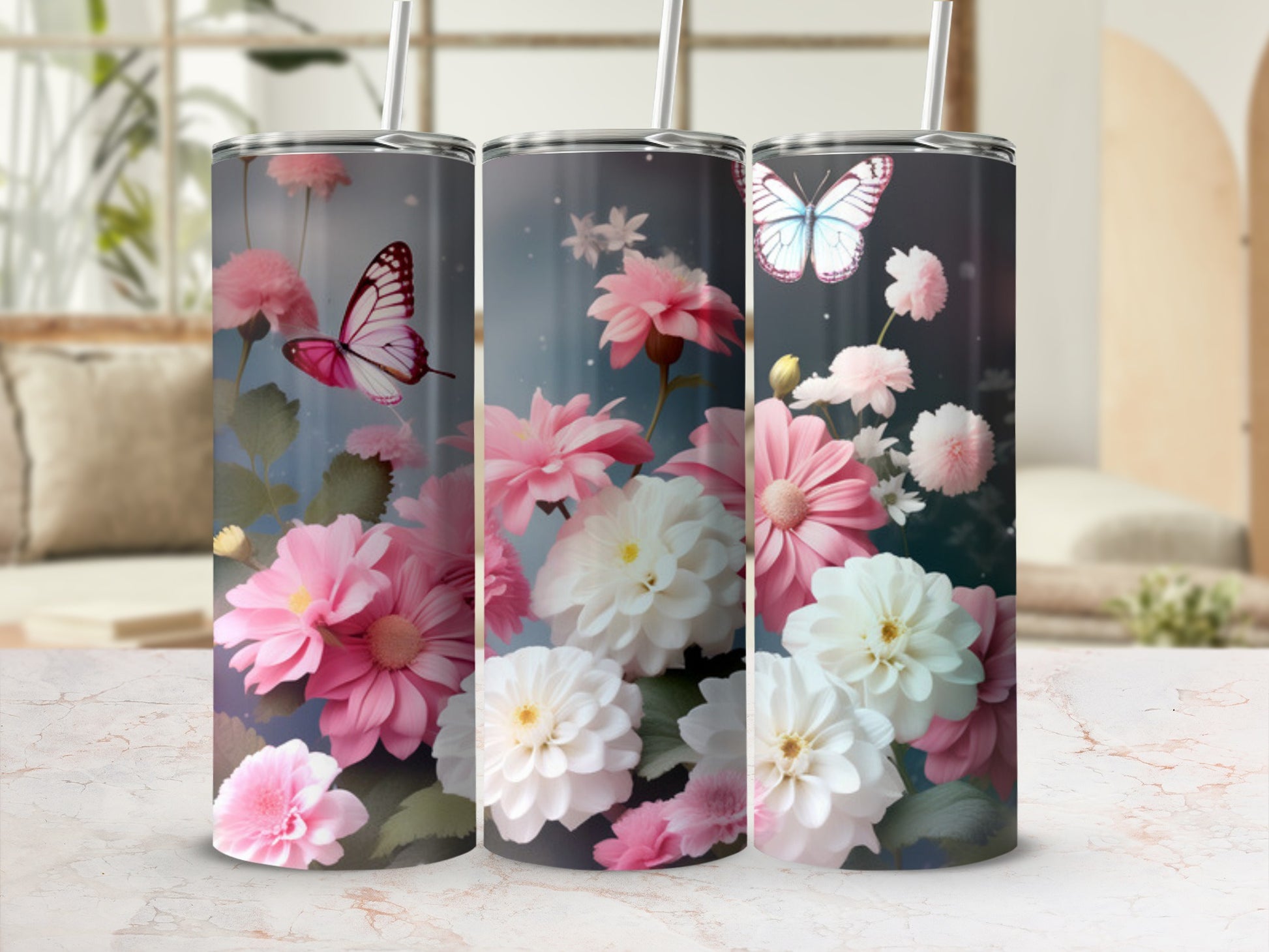 Pink and white flowers with a butterfly on a dark background, three tumblers.