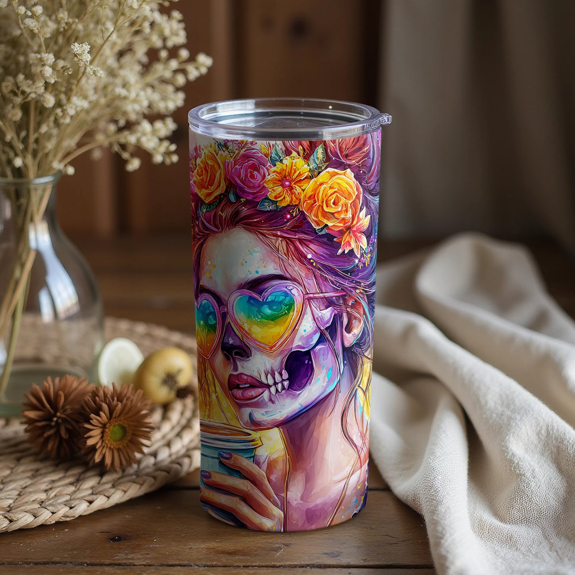 Colorful Day of the Dead Skull Art Tumbler