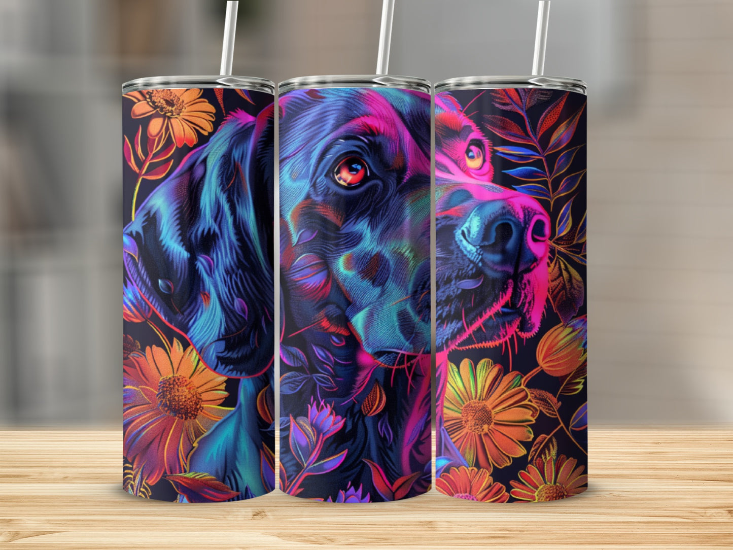 Triptych of a black dog portrait with vibrant floral patterns.