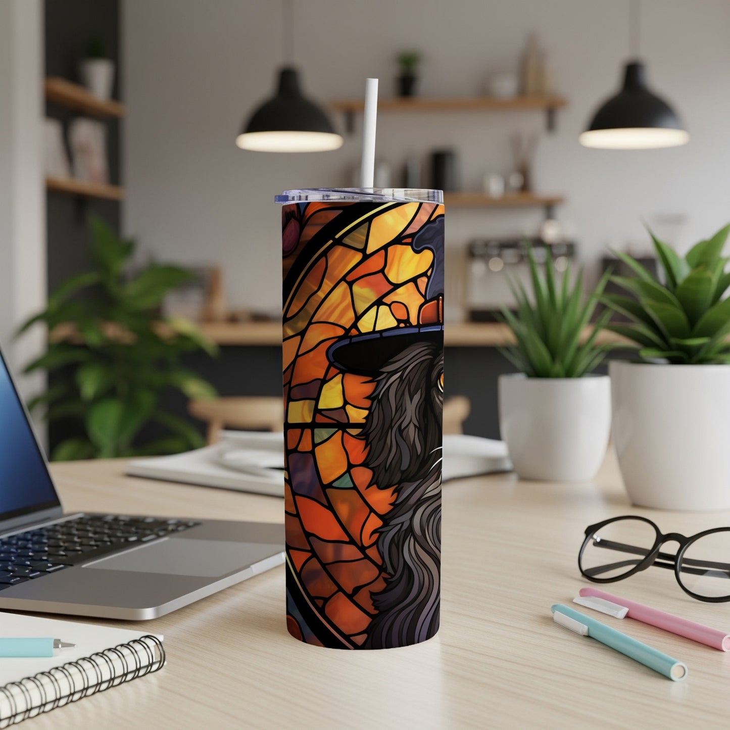 Black cat wearing a hat, stained glass design on a tumbler.