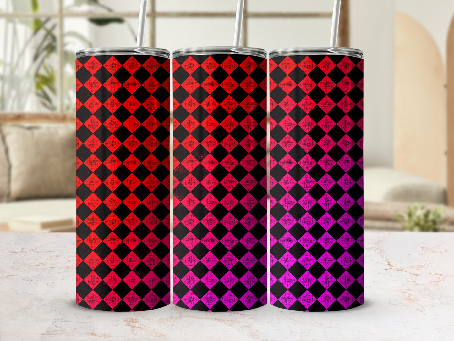 Three tumblers with red and purple diamond checkered pattern, each with a straw.