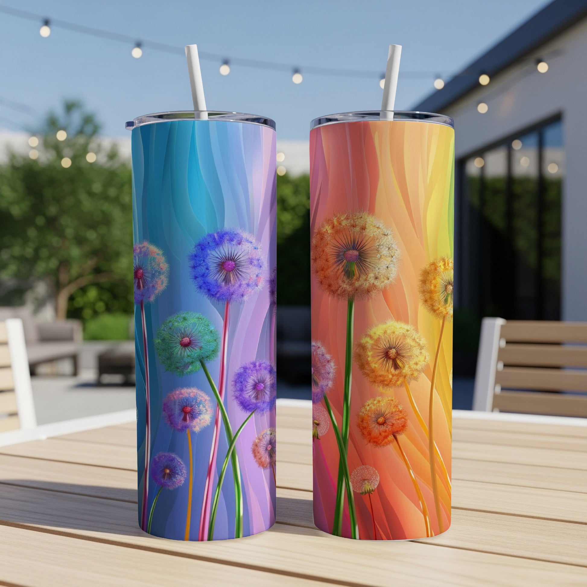 Two colorful tumblers with dandelion designs on a wooden table.