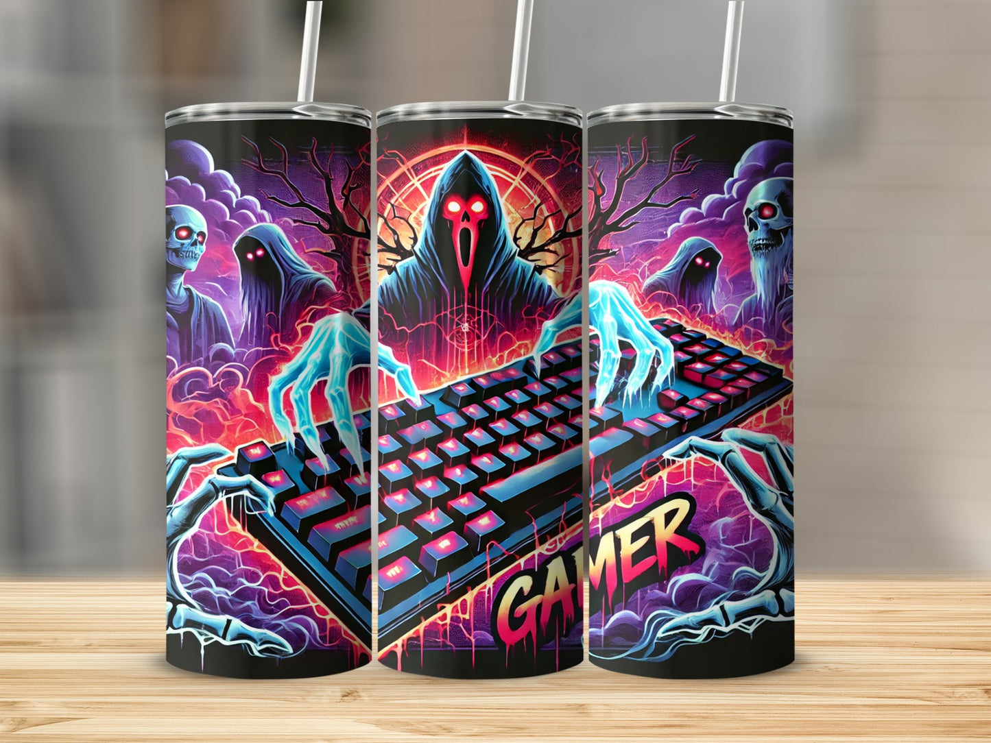 Gamer Themed Tumbler with Keyboard and Hooded Figure