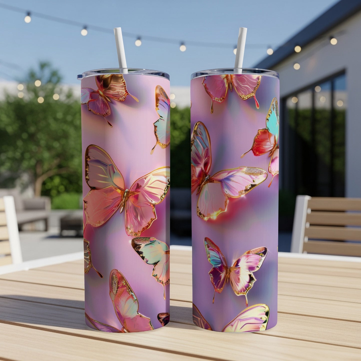 Two tall, purple tumblers with iridescent butterflies on an outdoor table.