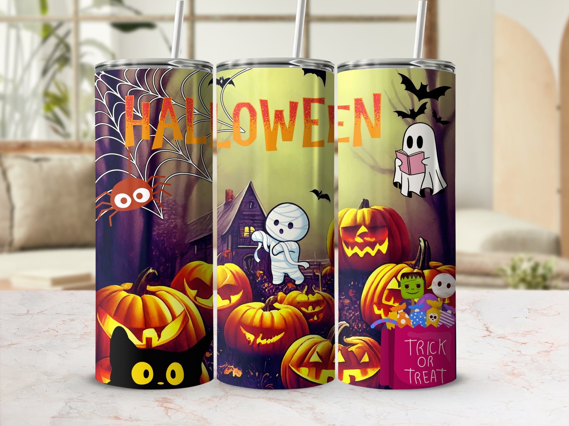 Halloween Trick or Treat Pumpkins and Ghosts Tumbler