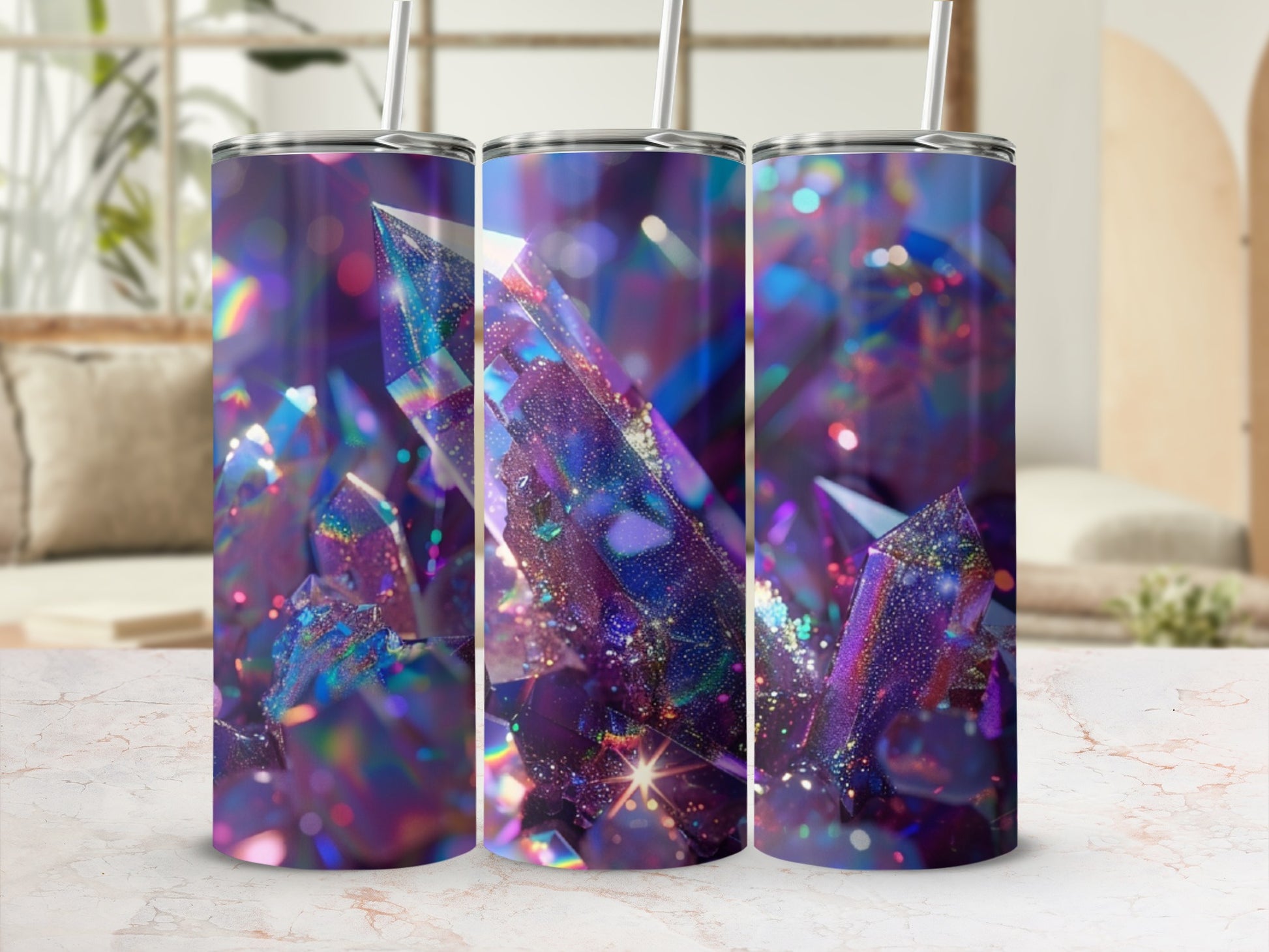 Tumbler with iridescent crystal design and straw.