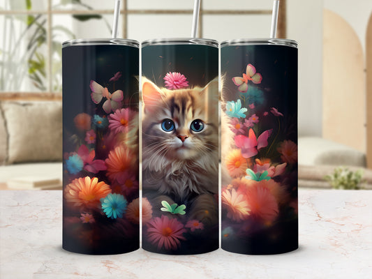 Cute kitten with colorful flowers and butterflies on a tumbler.