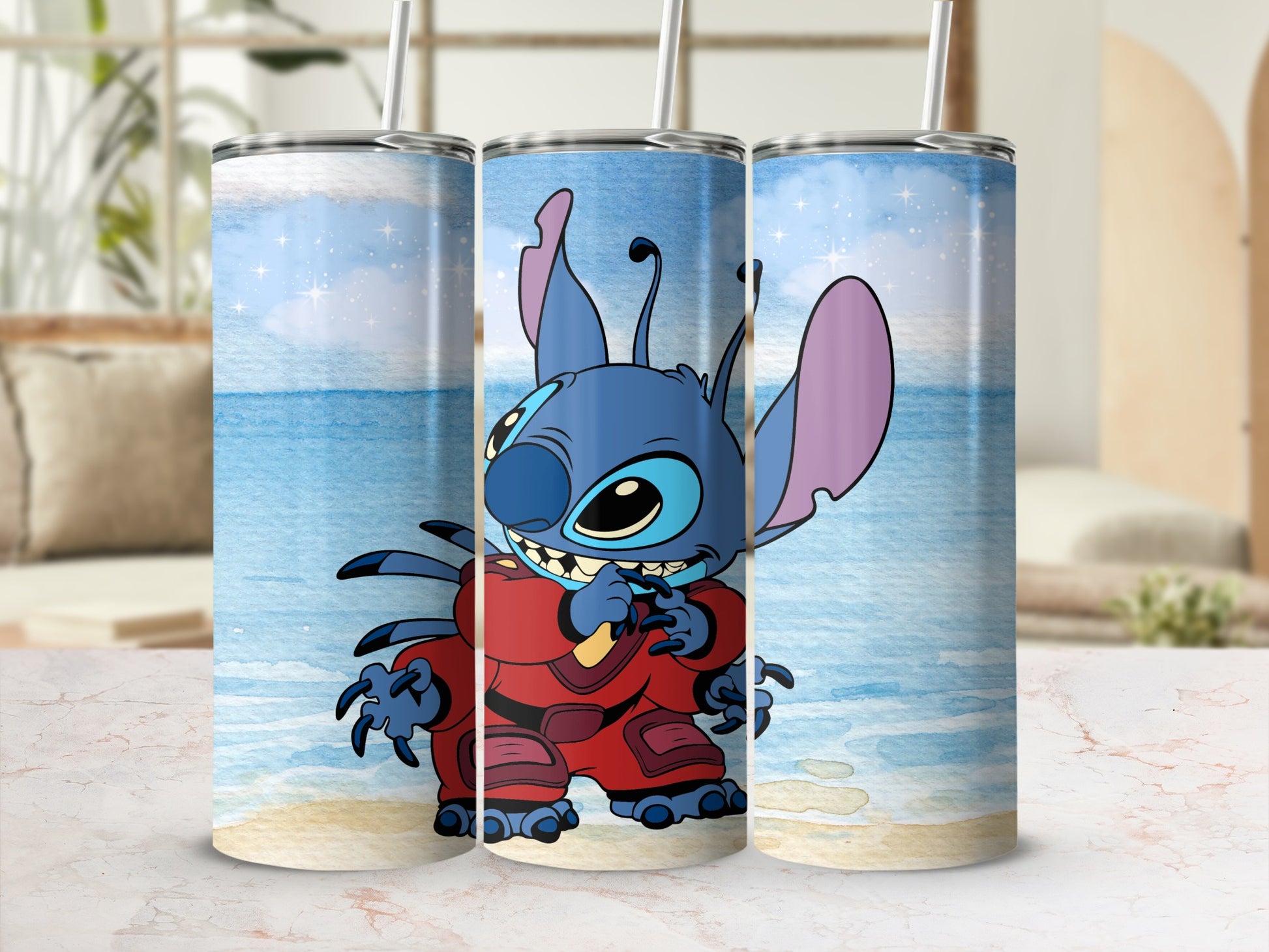 Cute Blue Alien Character Beach Scene Tumbler Product