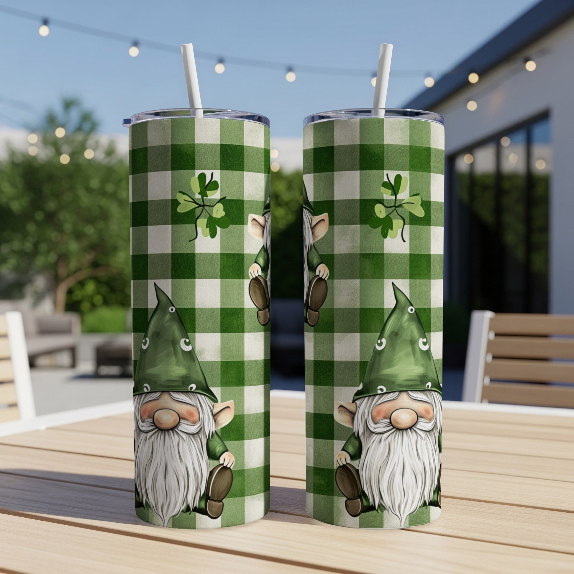 Two St. Patrick's Day themed tumblers with gnomes and shamrocks.