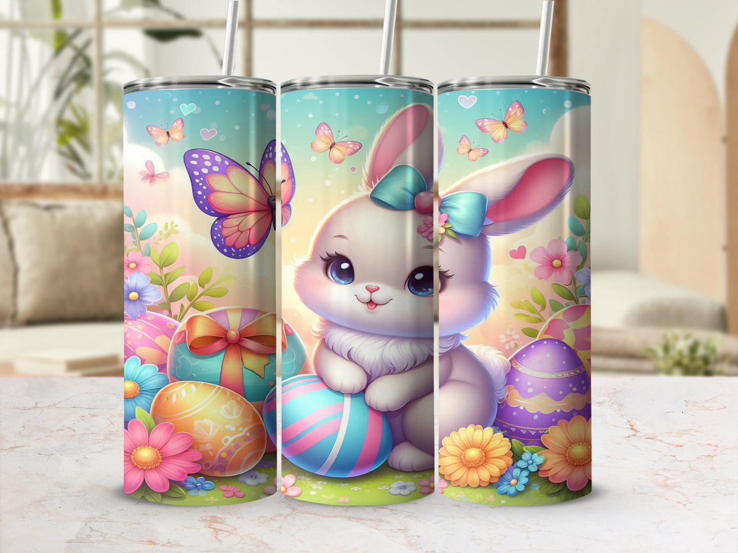 Easter bunny holding decorated egg surrounded by flowers and butterflies.