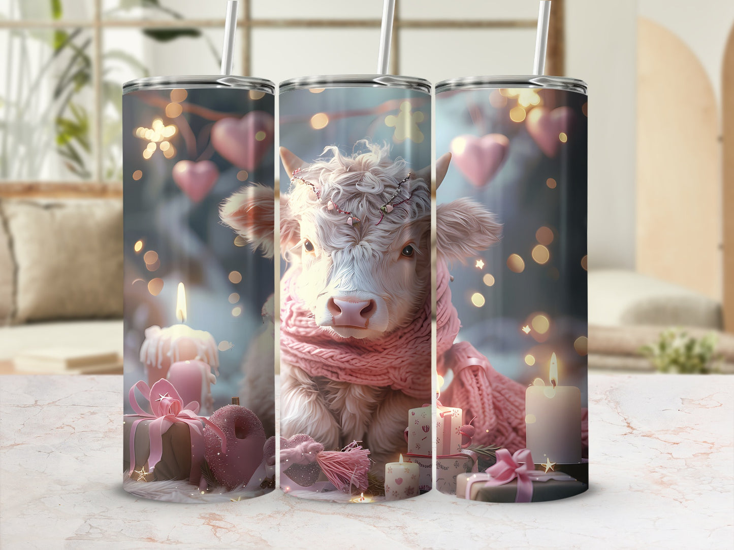 Cow wearing a pink scarf with hearts and candles in background.