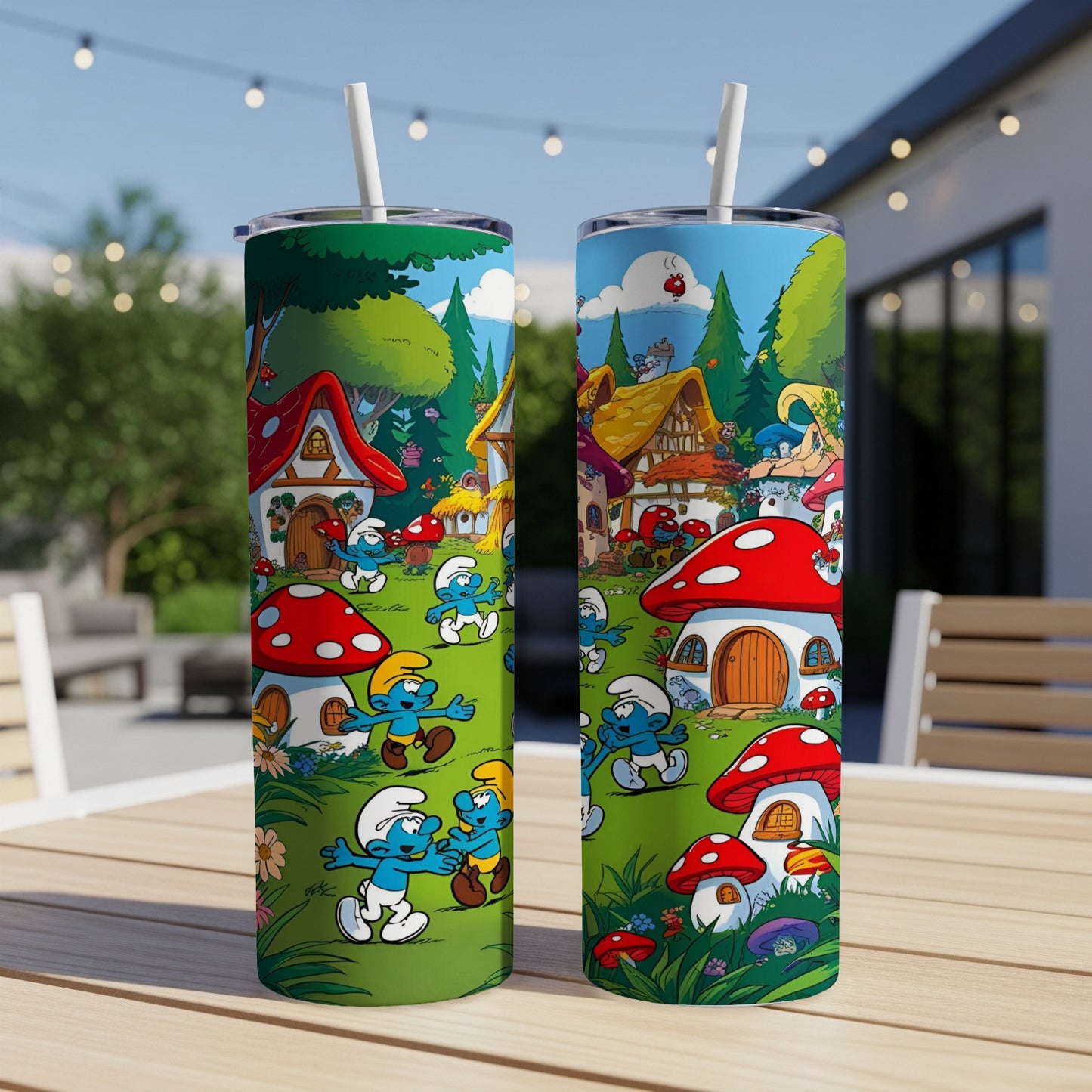 Smurfs village scene with characters and mushroom houses on a tumbler.