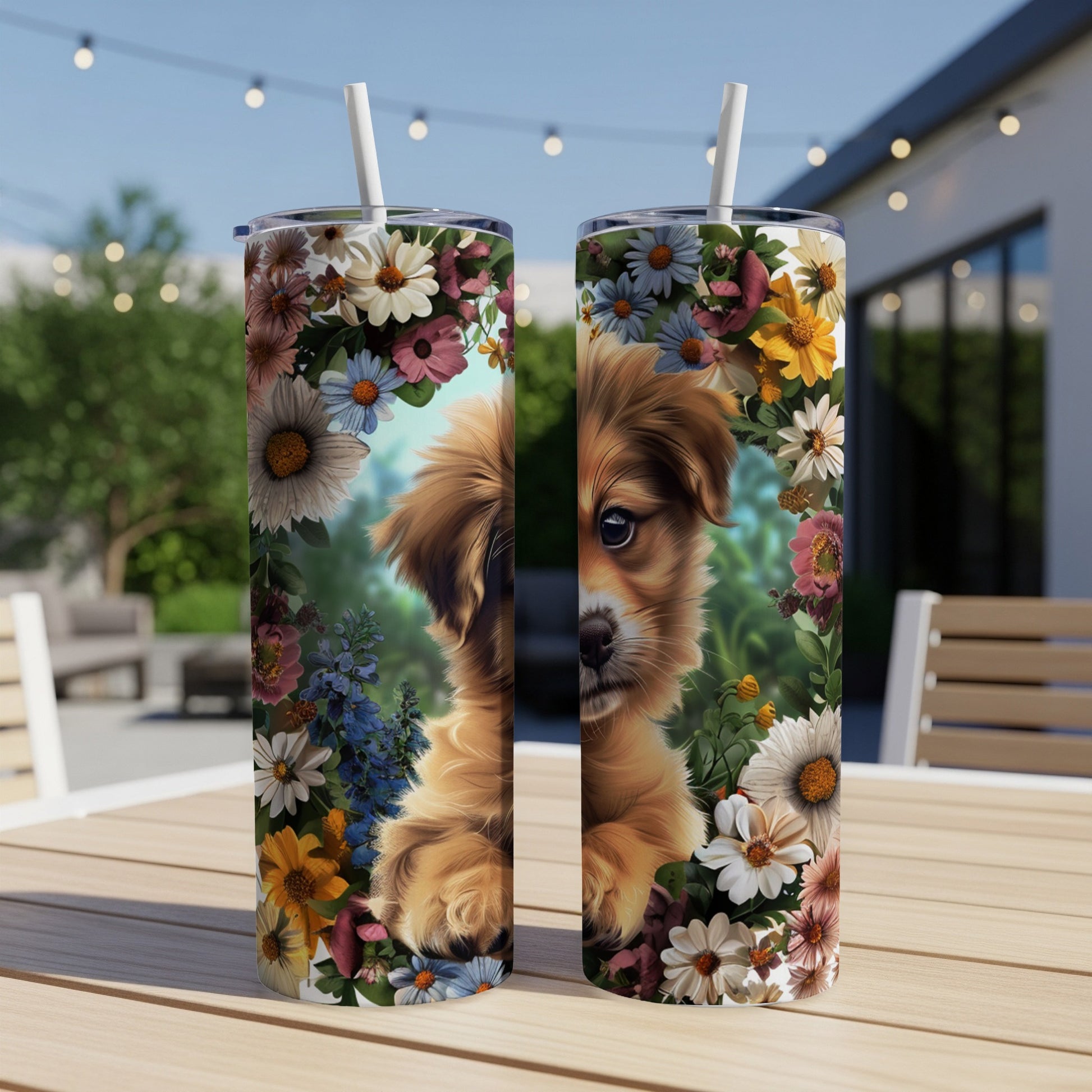 Golden retriever puppy peeking through floral border on a tumbler.