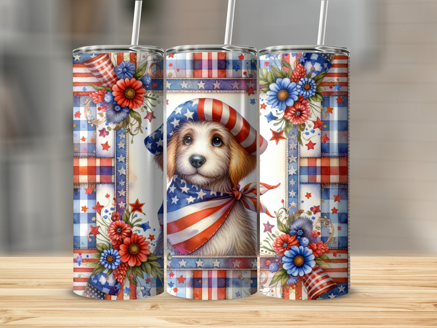 Golden retriever puppy wearing patriotic bandana and hat, surrounded by floral accents.