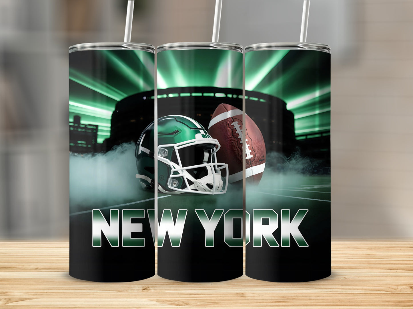 New York Jets helmet and football with stadium and spotlights.