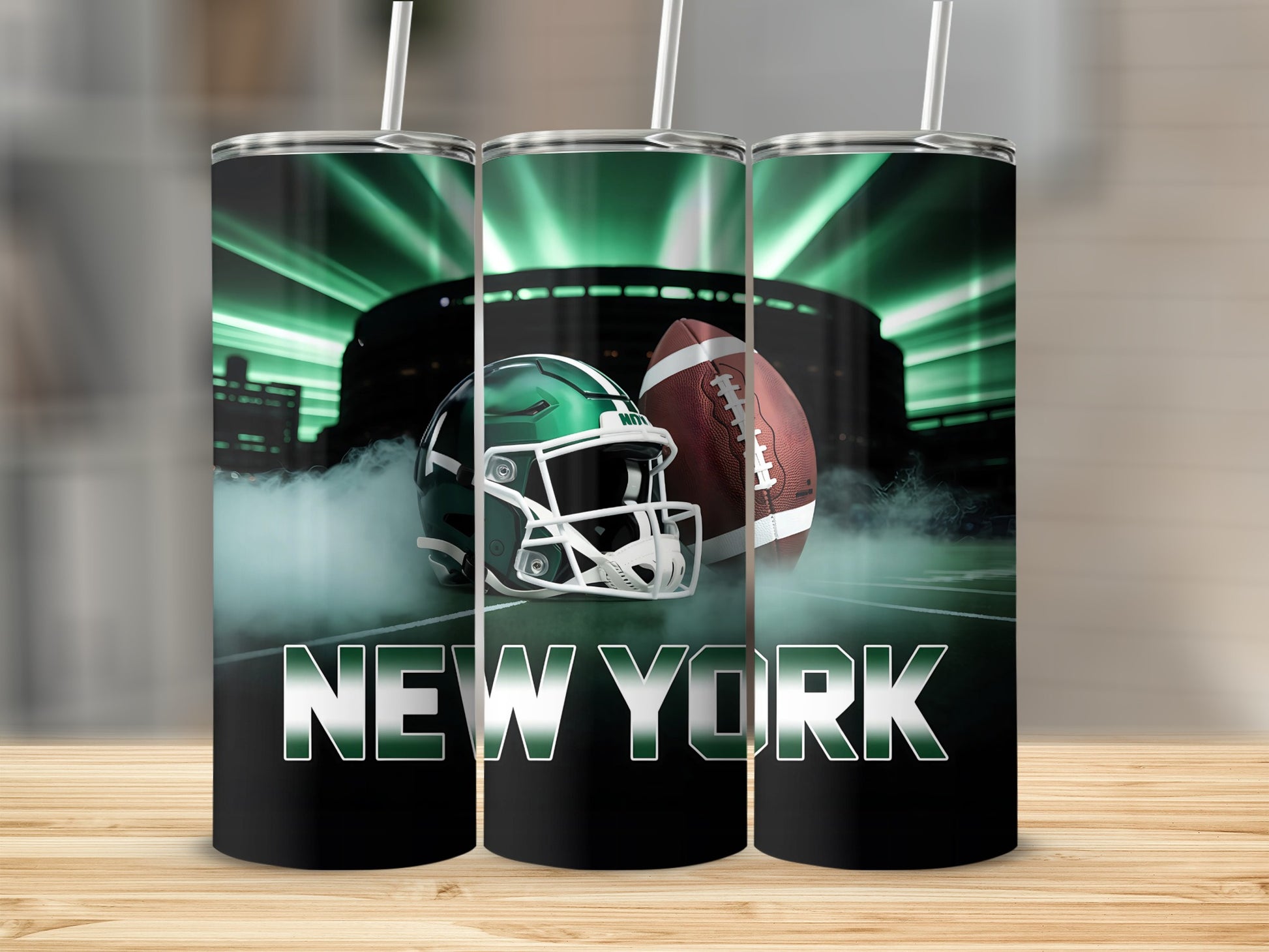 New York Jets helmet and football with stadium and spotlights.