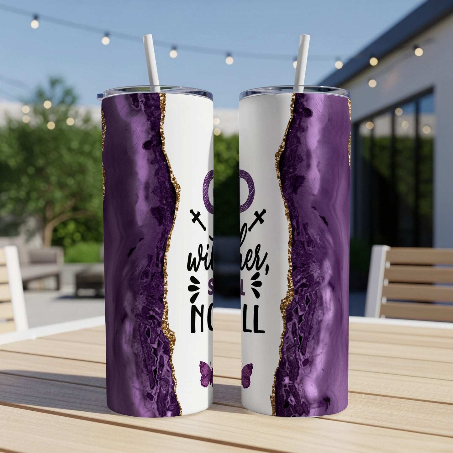 Two tumblers with purple agate and gold glitter design, and text.