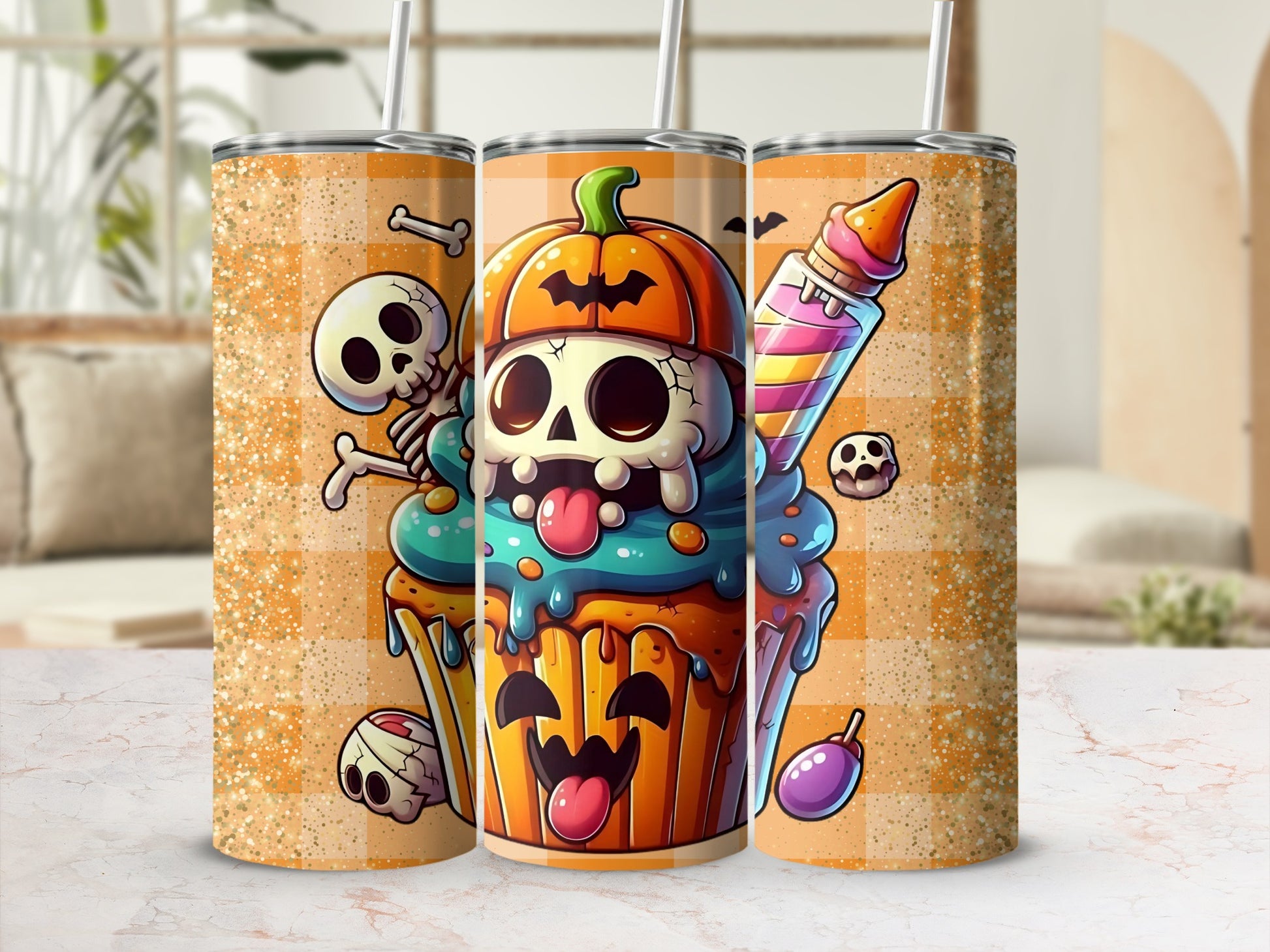 Halloween Skull Cupcake 20oz Tumbler with Straw