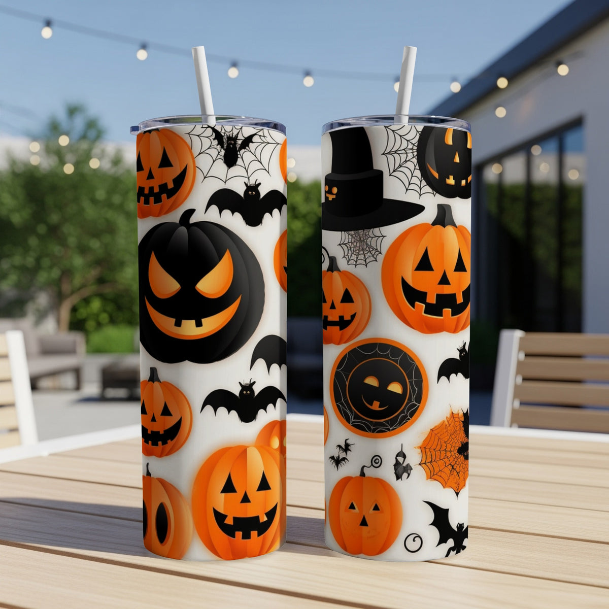 Two tumblers with Halloween graphics of pumpkins, bats, and witch hats on a table.