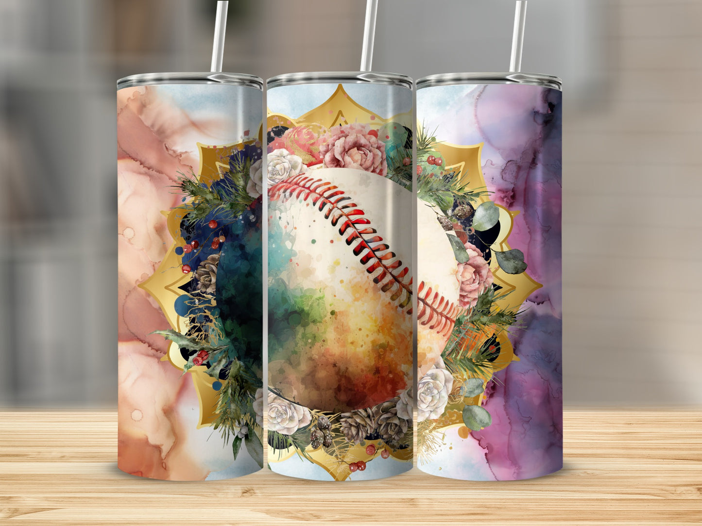 Artistic Baseball Floral Design Tumbler Cups Product
