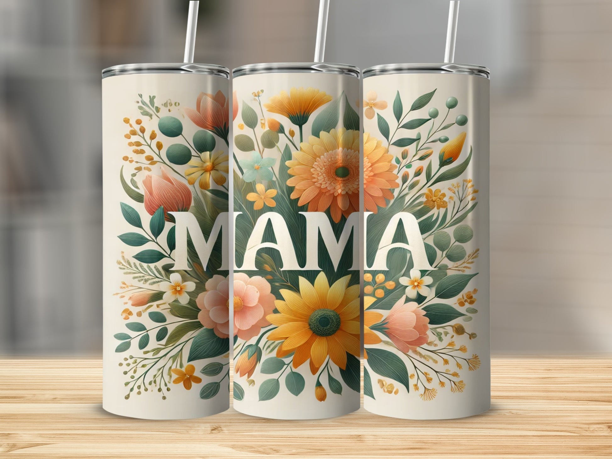 Floral MAMA Design Tumbler With Straw Drinkware Accessory