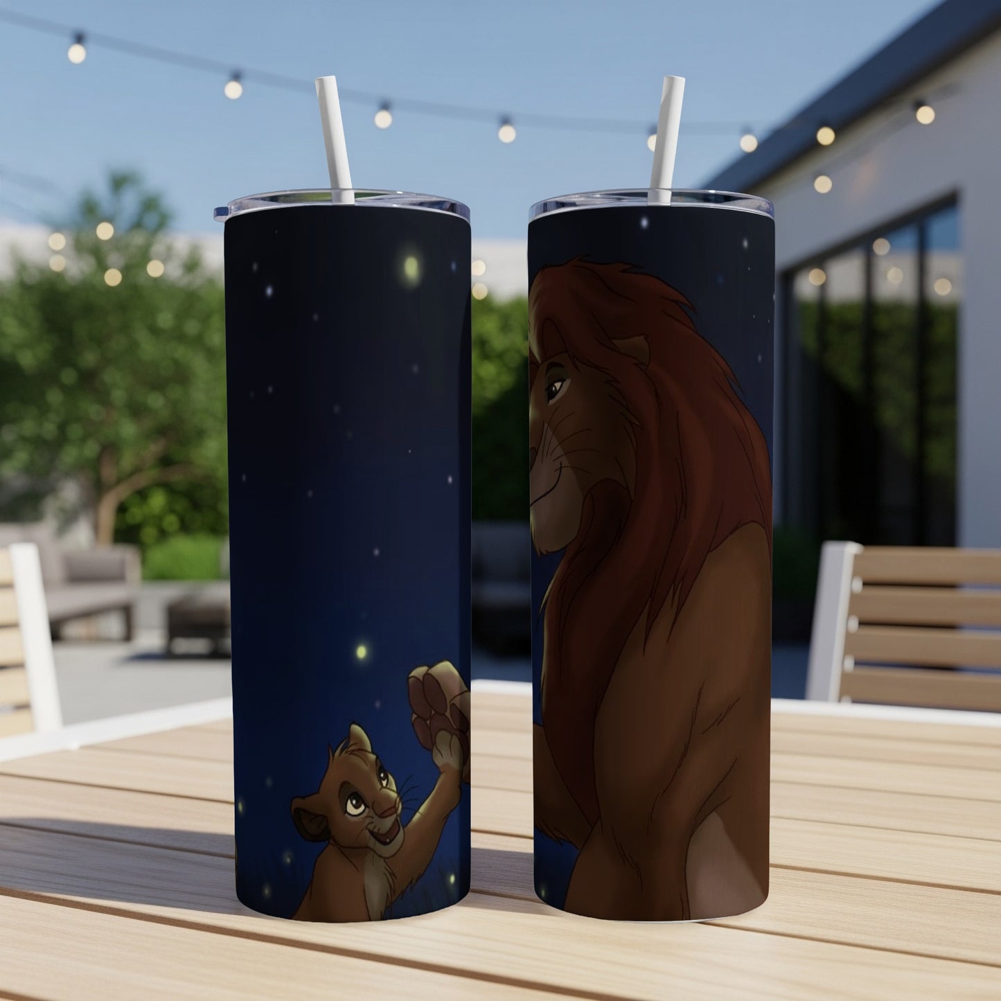 Two tumblers with Simba and Nala from The Lion King against a starry night.