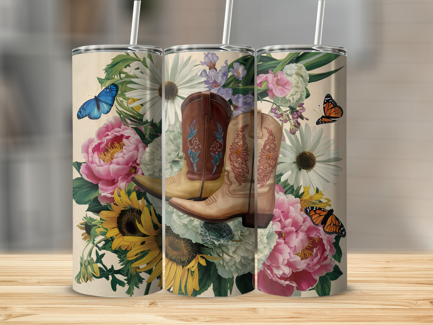Cowboy boots and flowers on a tumbler, with butterflies.