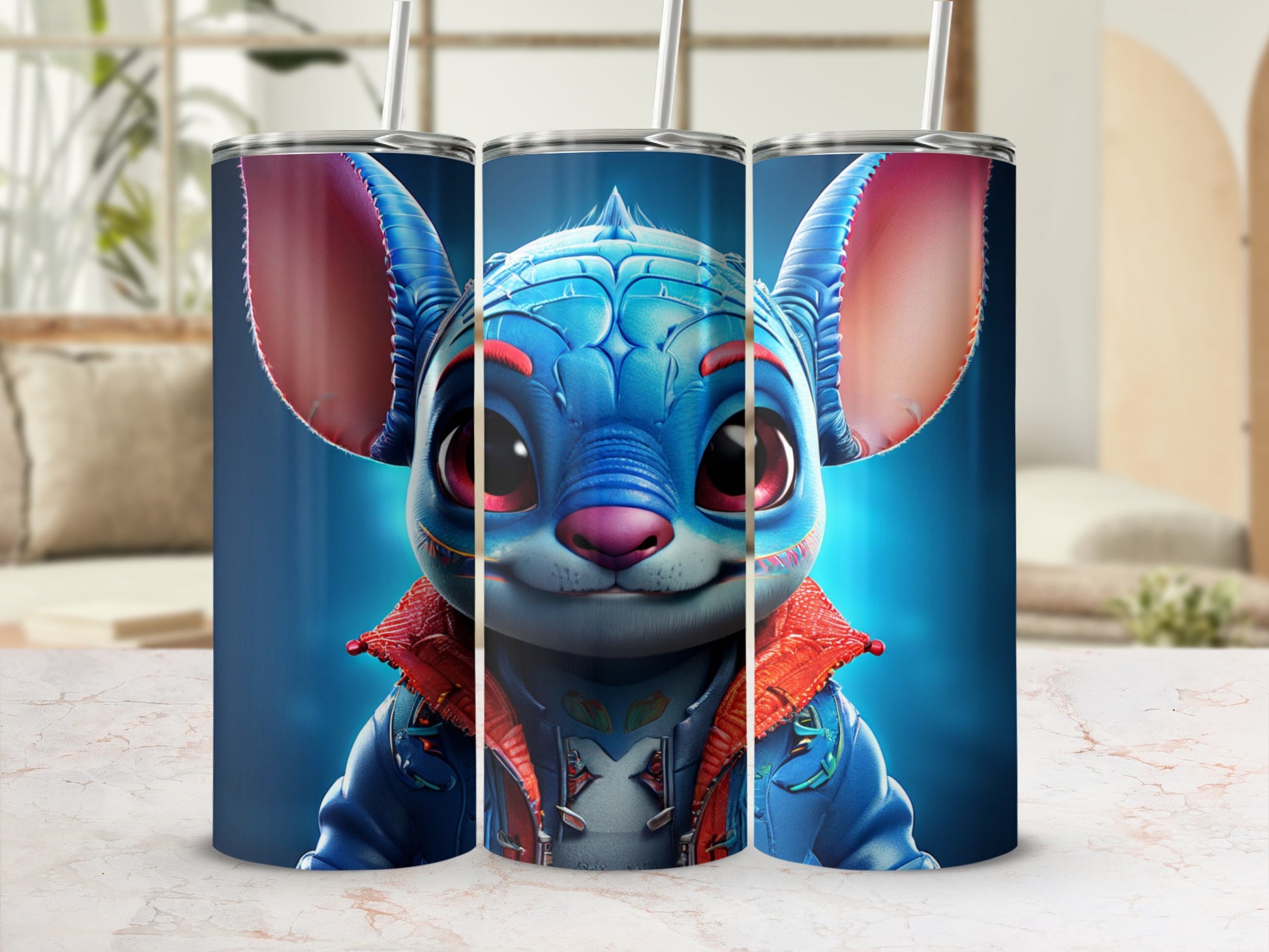 Blue Stitch character with red jacket on a tumbler.