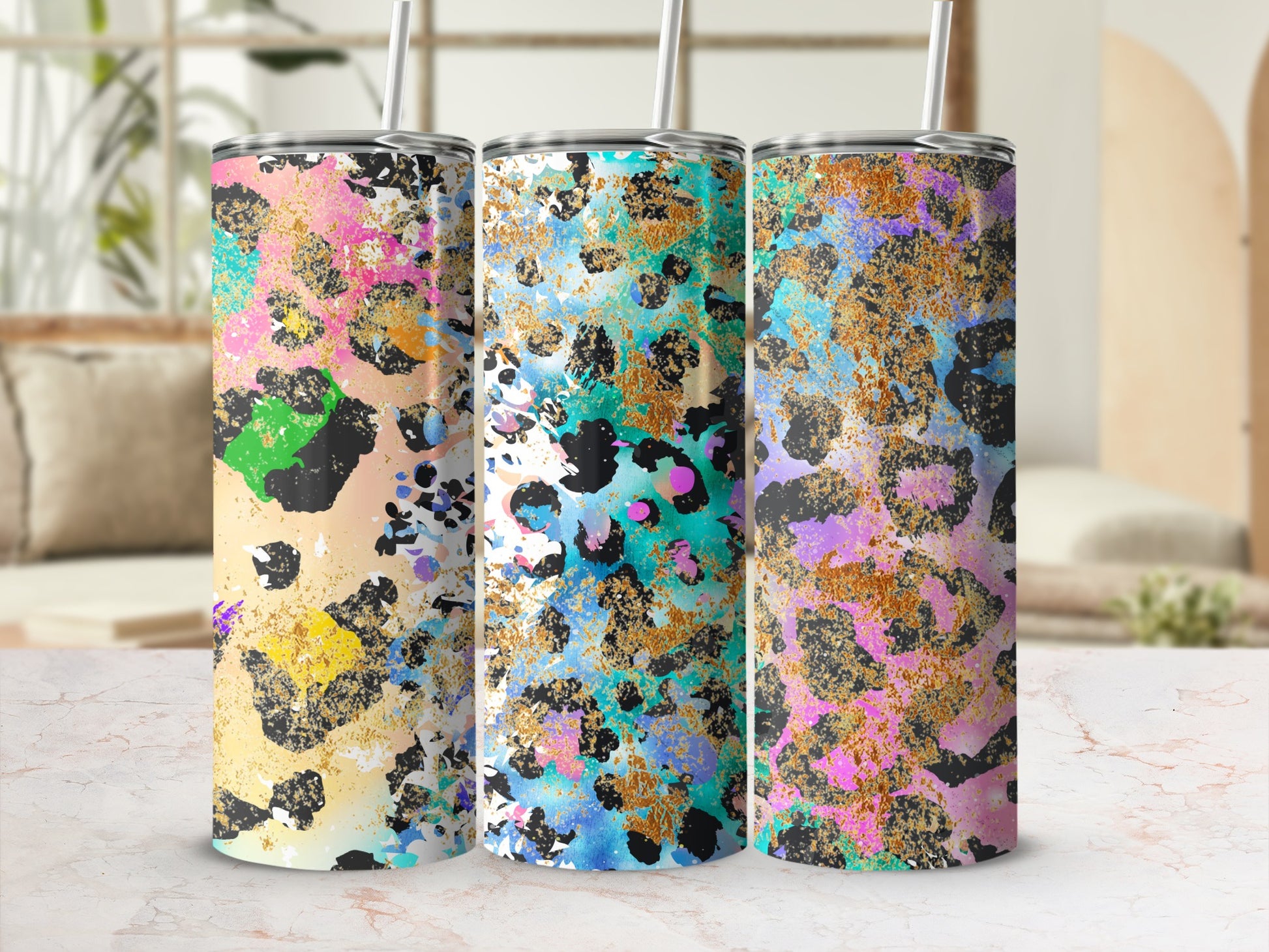 Colorful Abstract Leopard Design Tumblers Set of 3
