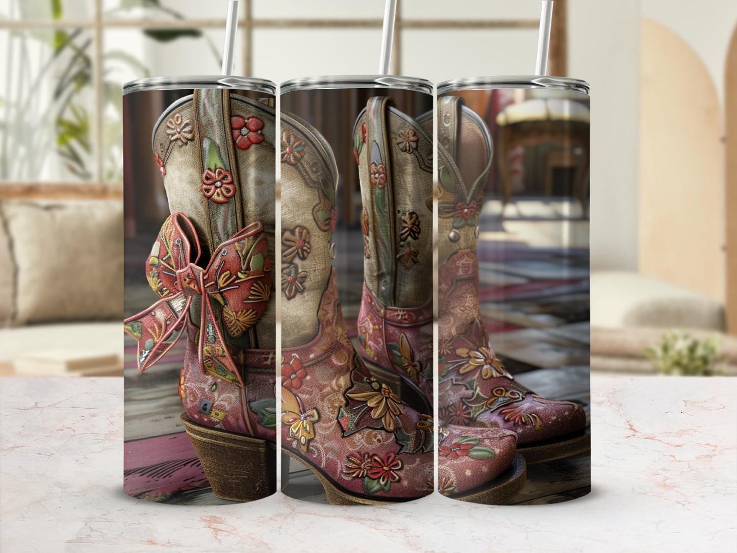 Cowboy boots with floral pattern and bow, shown on a pink wood surface.