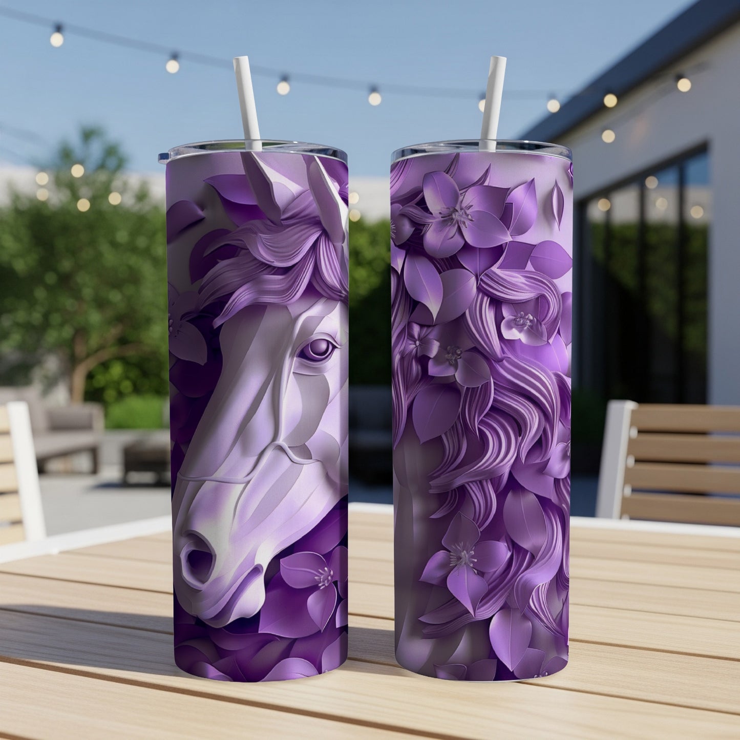 Purple horse head and mane design on two tumblers with straws.