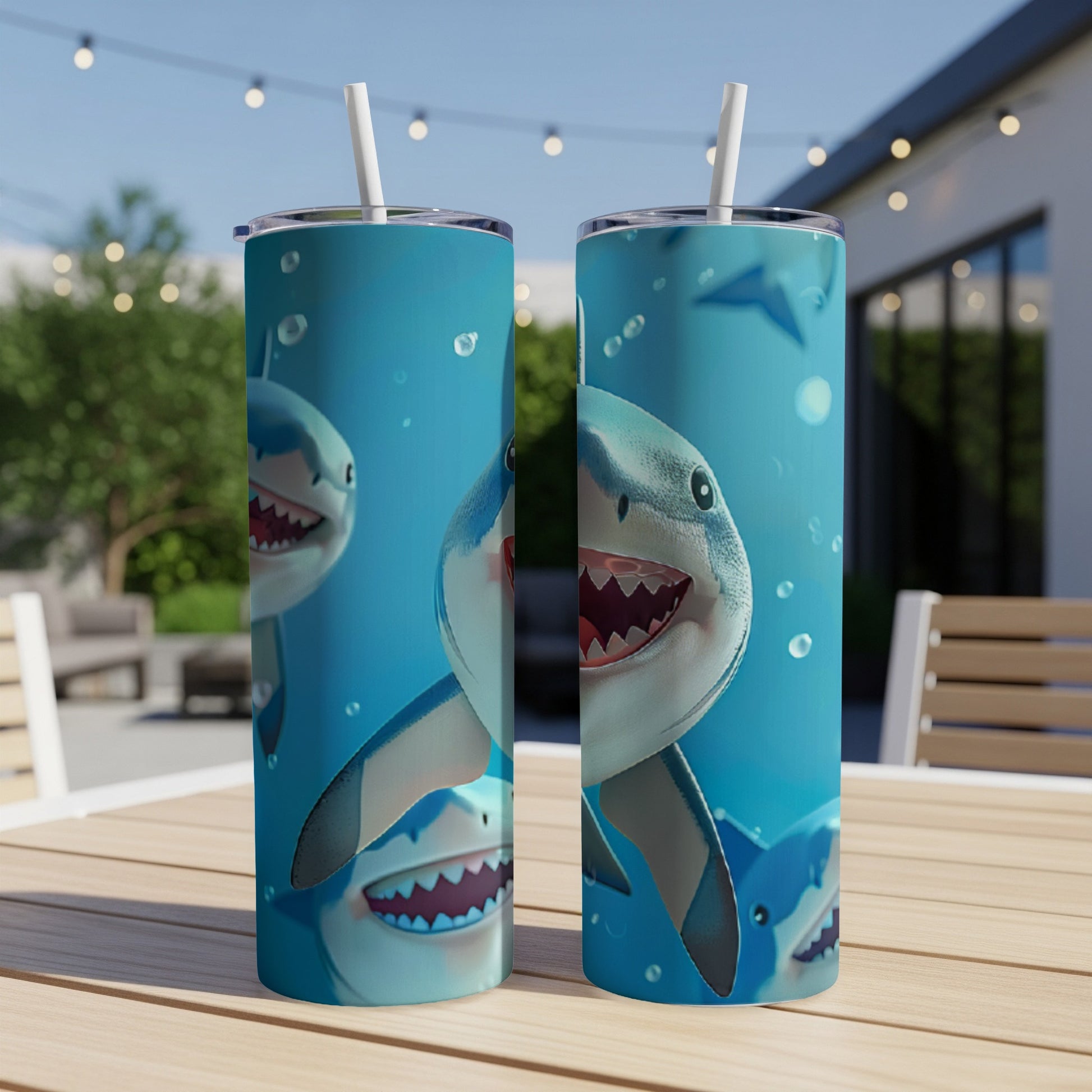 Two tumblers with smiling shark illustrations, on a table outdoors.