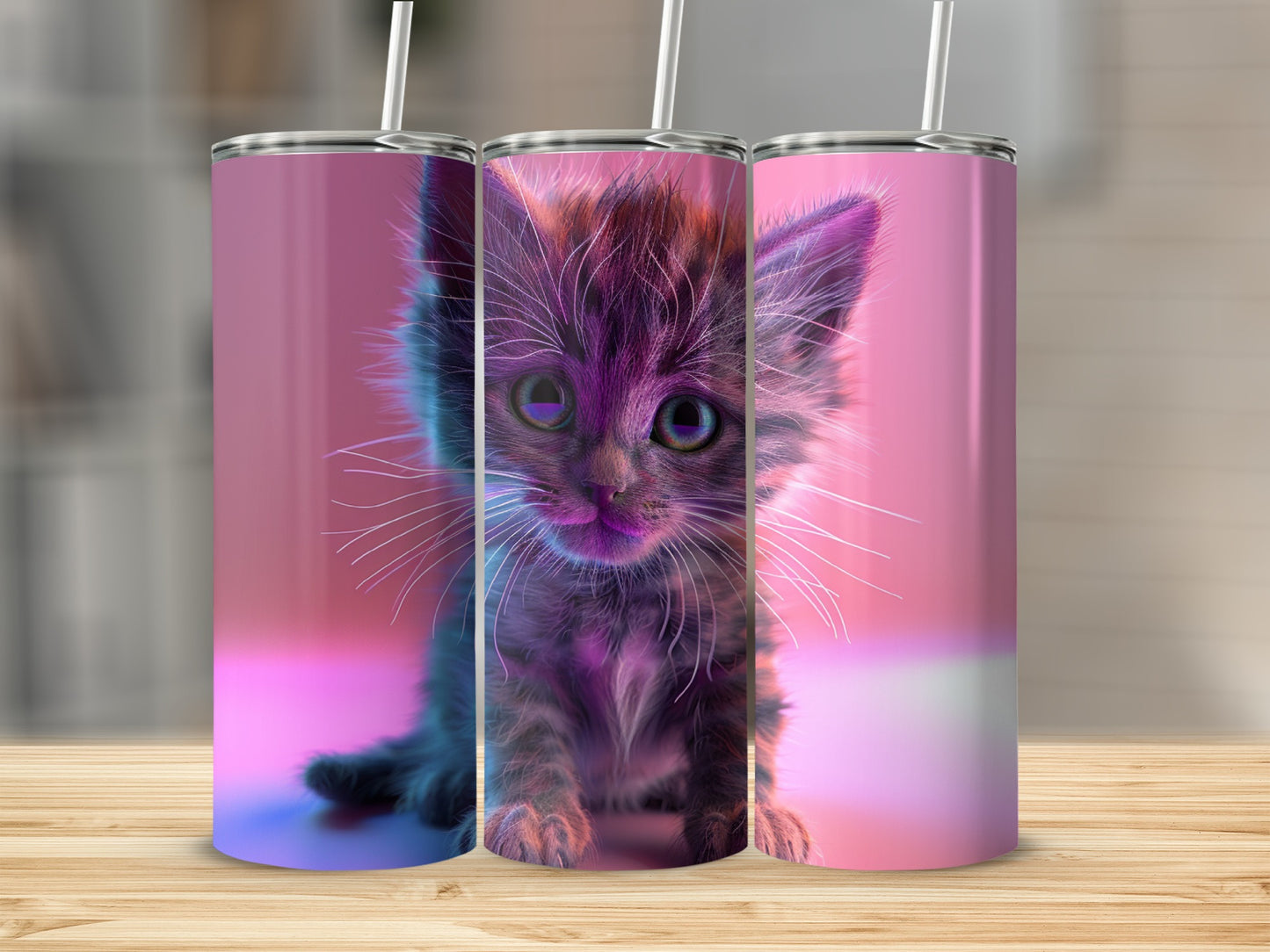 Three tumblers with a fluffy kitten design against a pink and purple background.