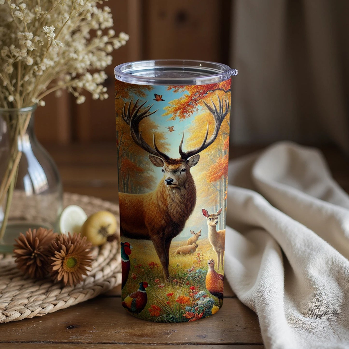 Autumn Forest Animal Scene Tumbler with Lid
