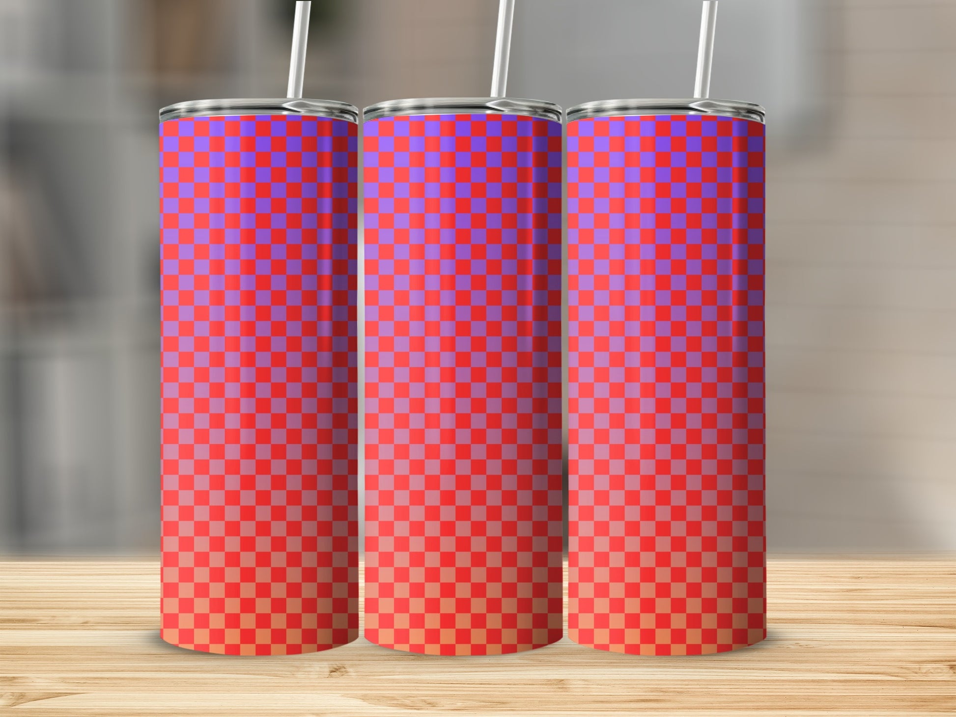 Three tumblers with a red and purple checkered gradient pattern.