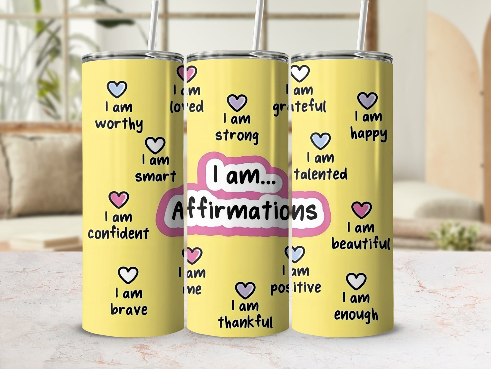 Positive Affirmations Yellow Tumbler for Motivational Boost