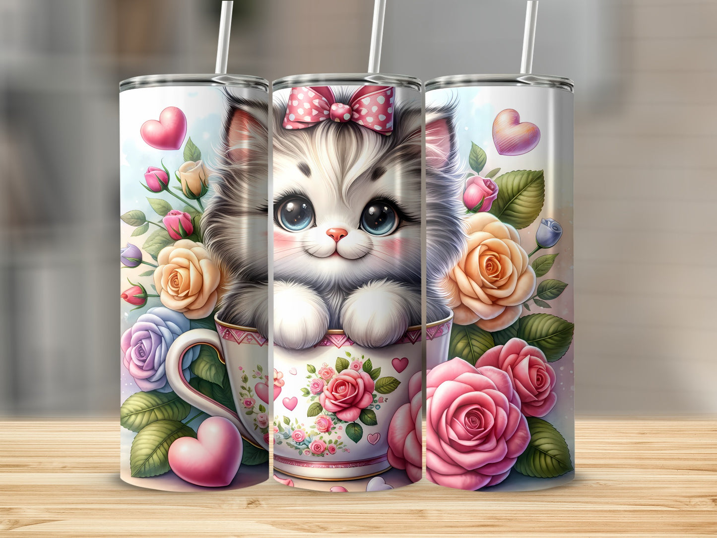 Cute kitten with pink bow in teacup surrounded by roses and hearts.