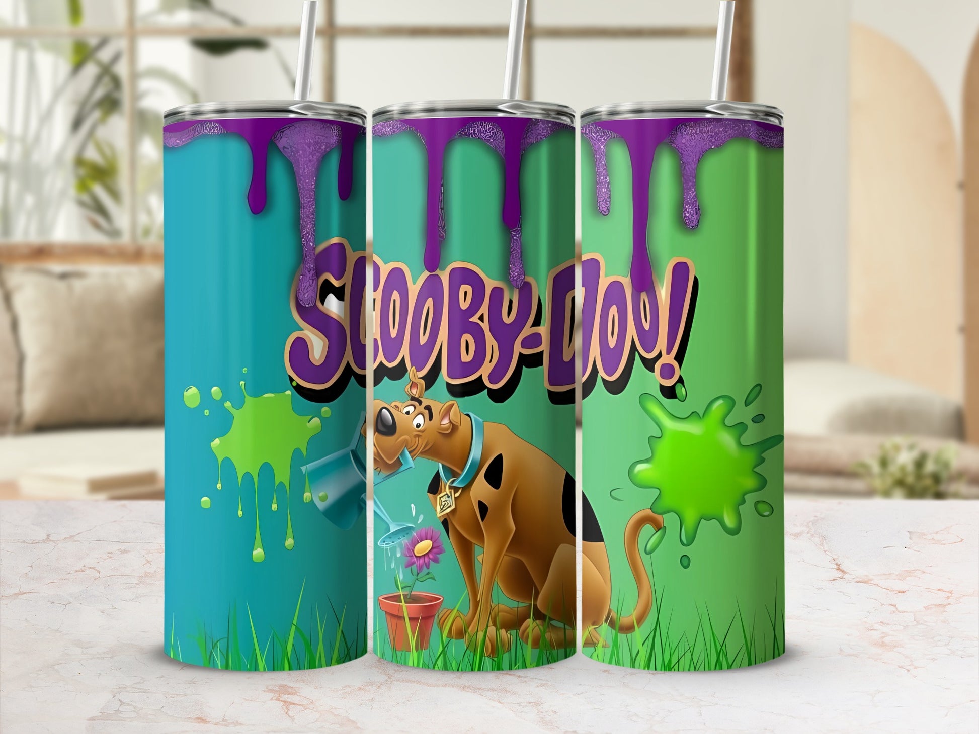 Scooby-Doo tumbler with purple glitter drips and green splatters.