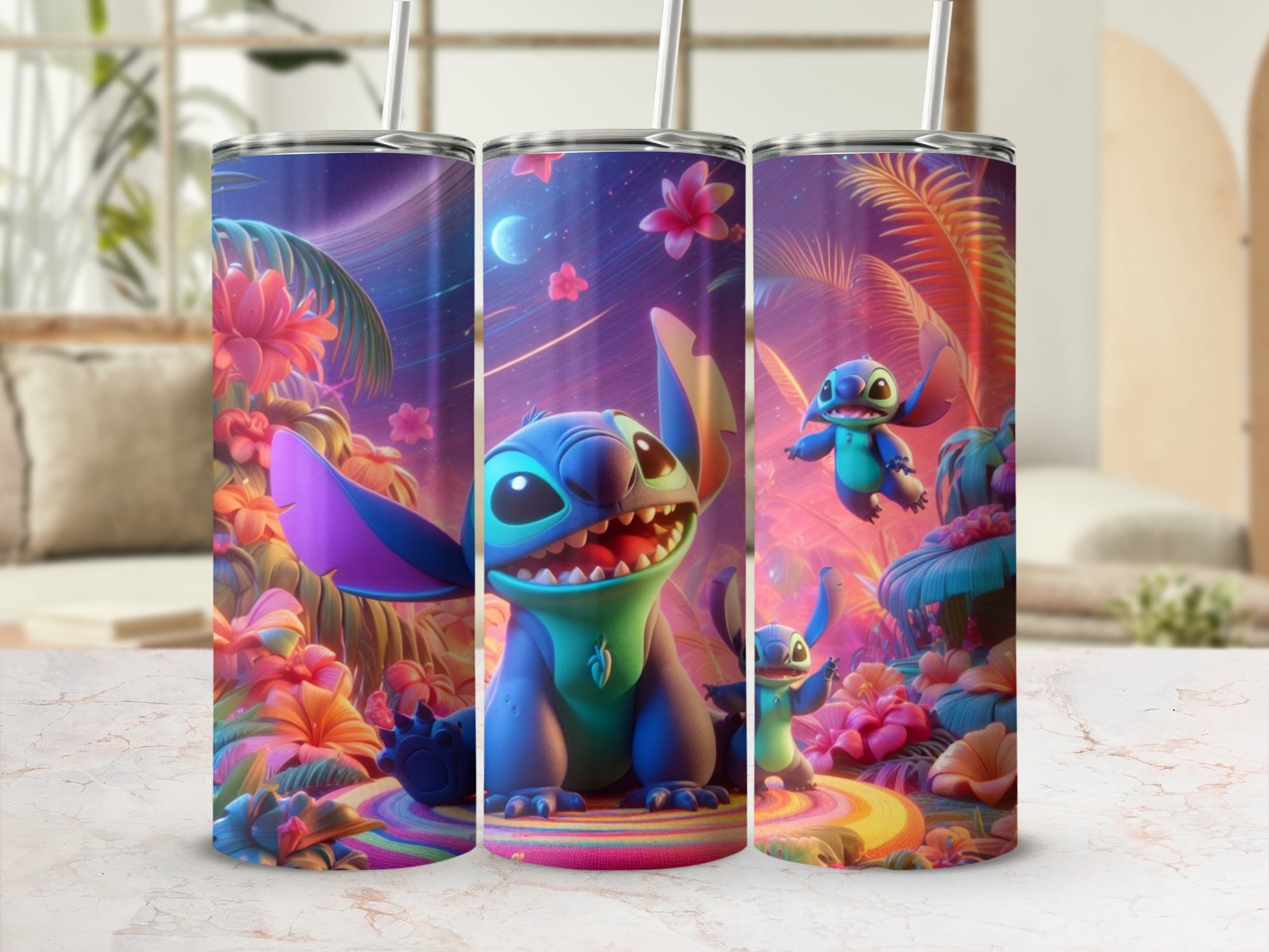 Vibrant Alien Creature Themed Tumbler Cup with Straw