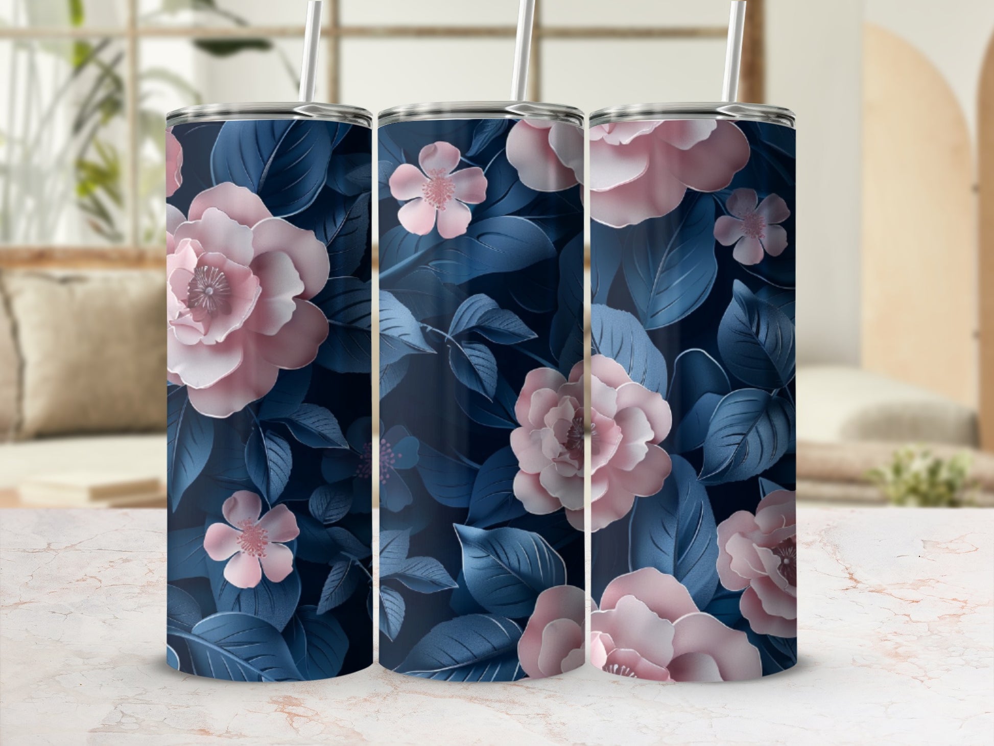 Dark blue tumbler with pink roses and navy blue leaves.