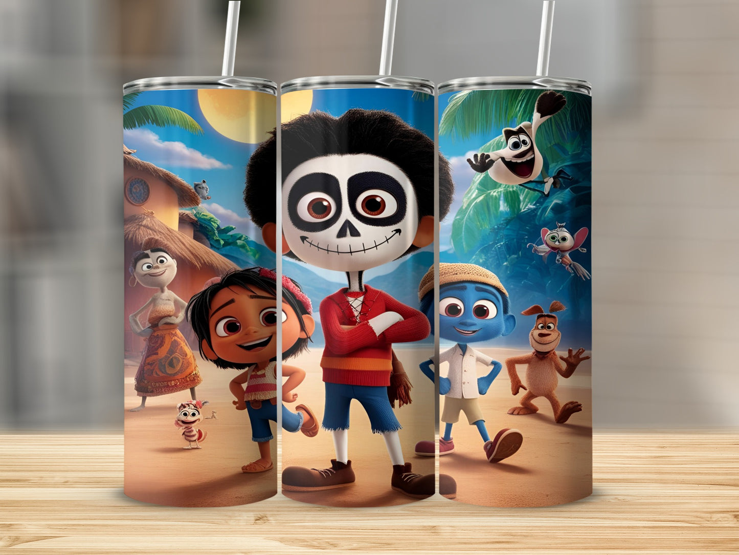 Animated characters from Coco on a tumbler, featuring Manolo, Maria, and Xibalba.