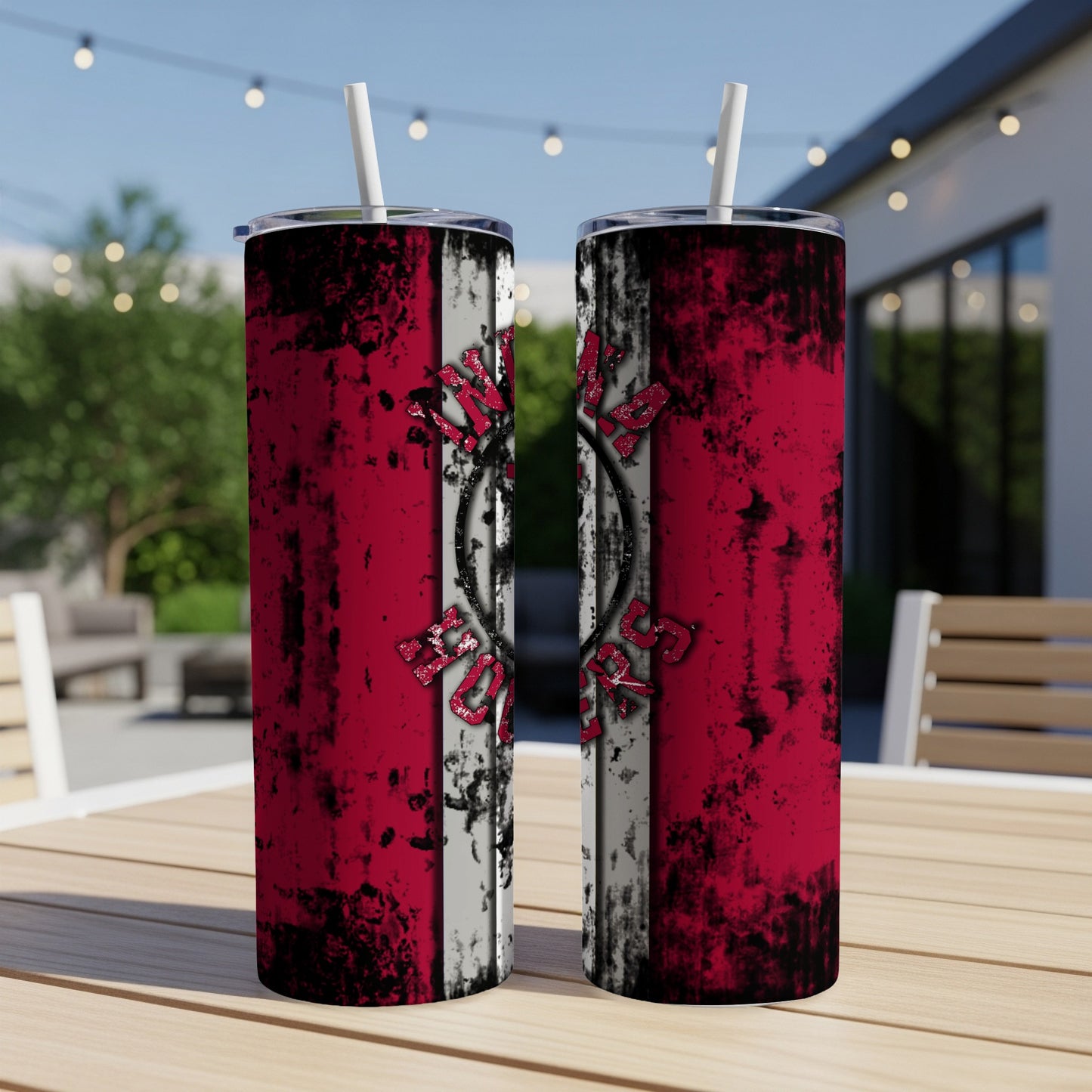 Two tumblers with distressed red, white, and black design, featuring a circular logo.