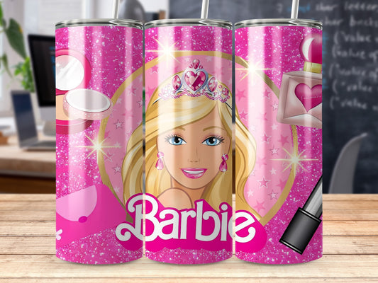 Barbie With Makeup On Pink Glitter Background Tumblers