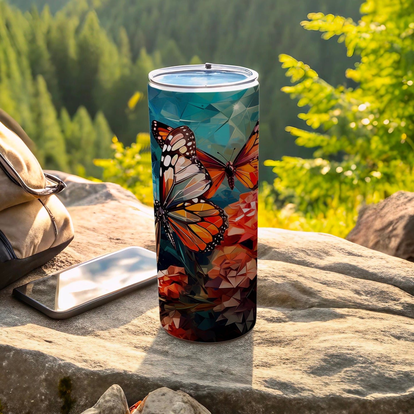 Vibrant Monarch butterfly geometric floral tumbler product type