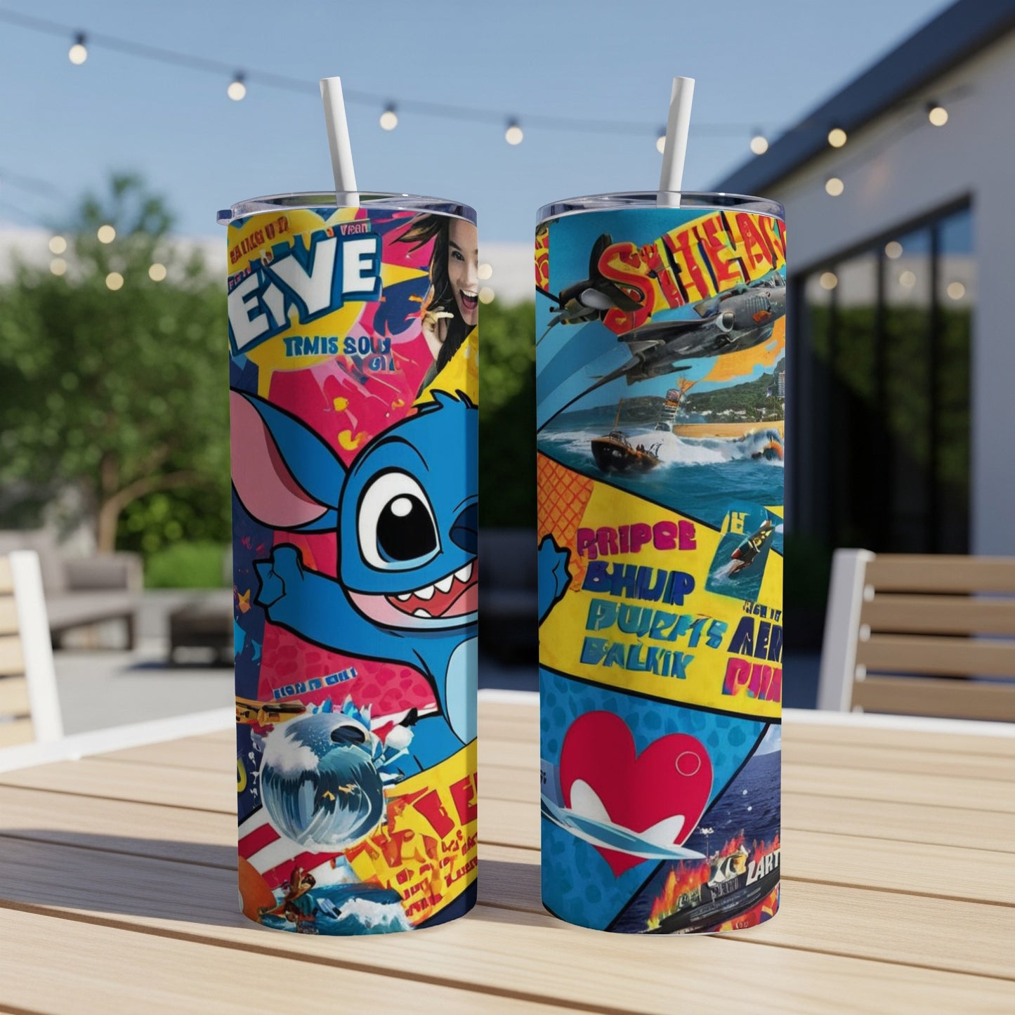 Two character tumblers with bright, comic-style designs featuring Stitch and various action scenes.