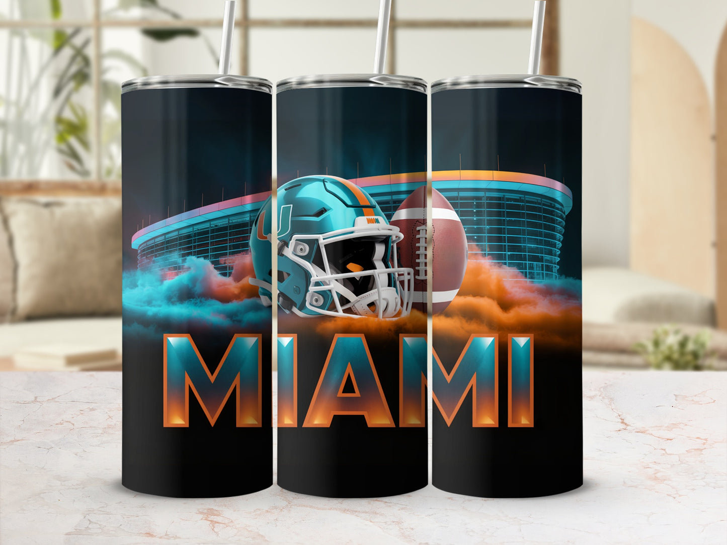 Miami Dolphins helmet and football on black tumbler with stadium background.