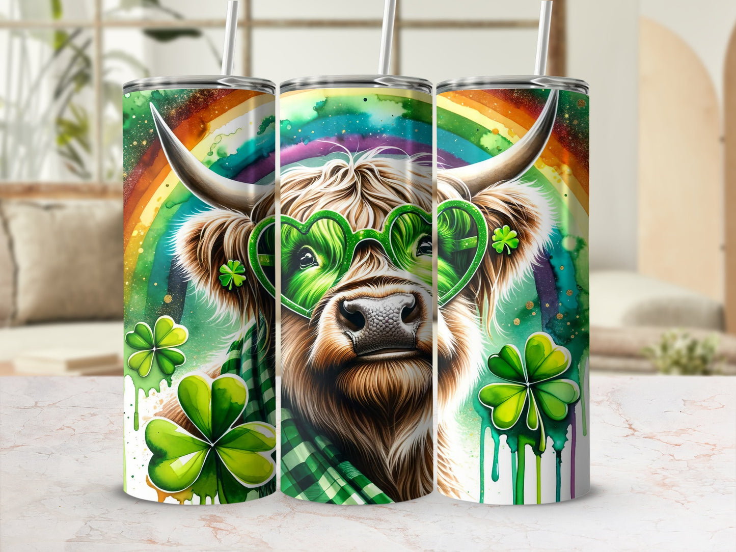 Highland cow wearing heart-shaped sunglasses with shamrocks and rainbow background.