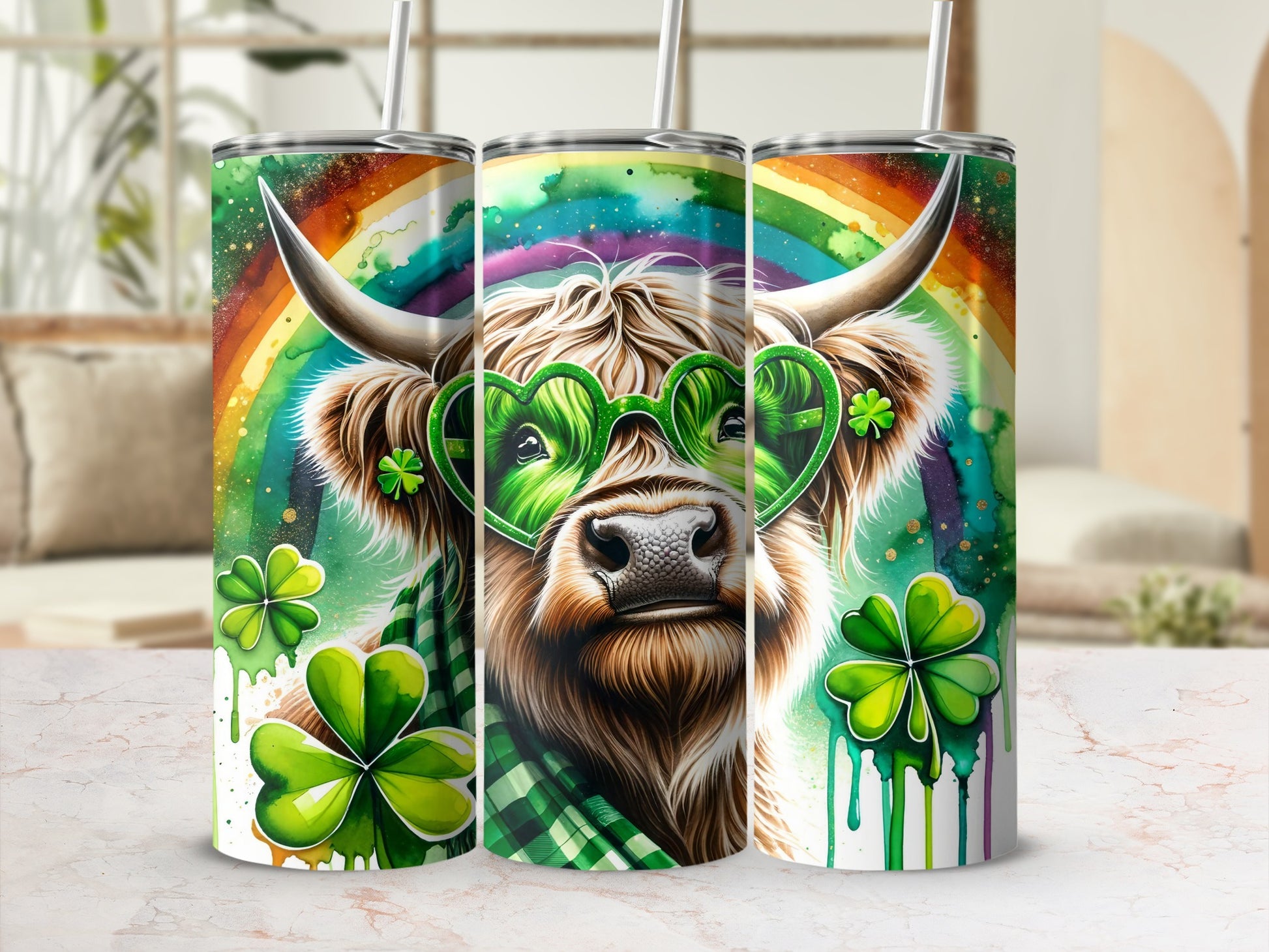 Highland cow wearing heart-shaped sunglasses with shamrocks and rainbow background.