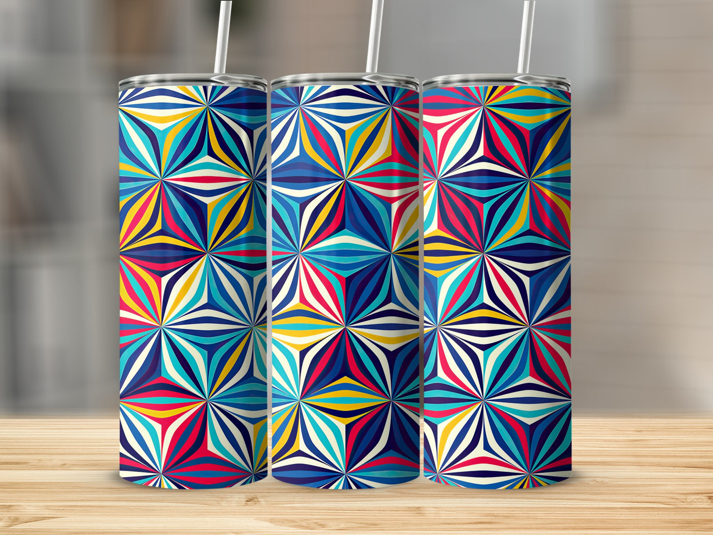 Kaleidoscope Flower Design Navy Blue Yellow Red Tumblers