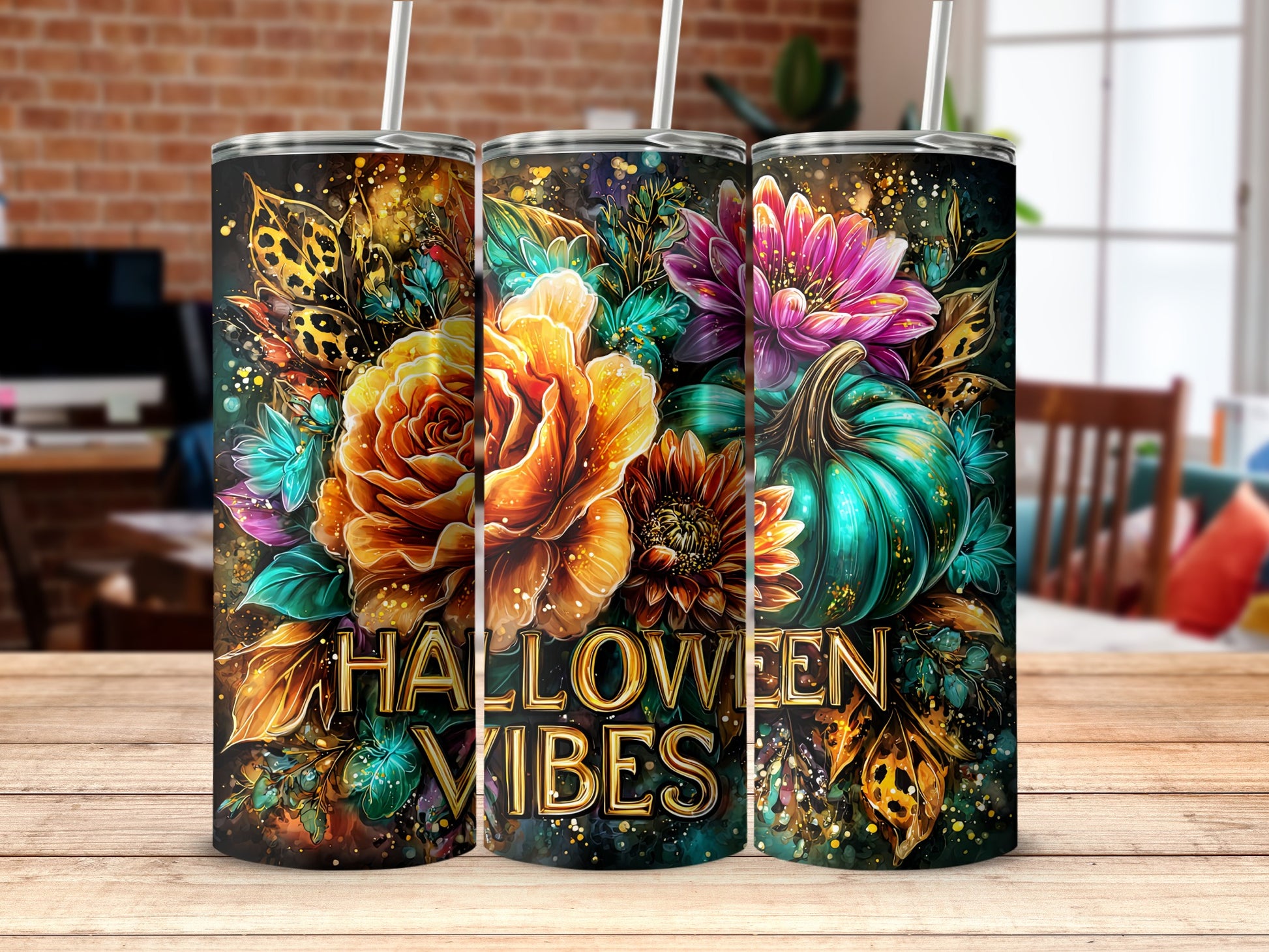 Vibrant Halloween Vibes Colorful Floral Steel Tumblers